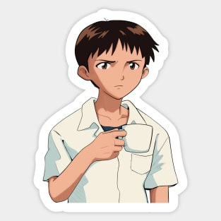 Shinji Holding a Mug HD Restored image Neon Genesis Evangelion Sticker